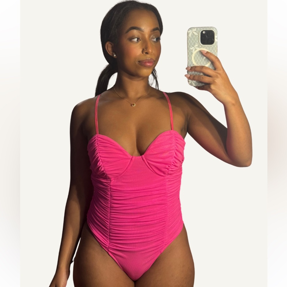Pink Ruched Bodysuit with Plunging Neckline